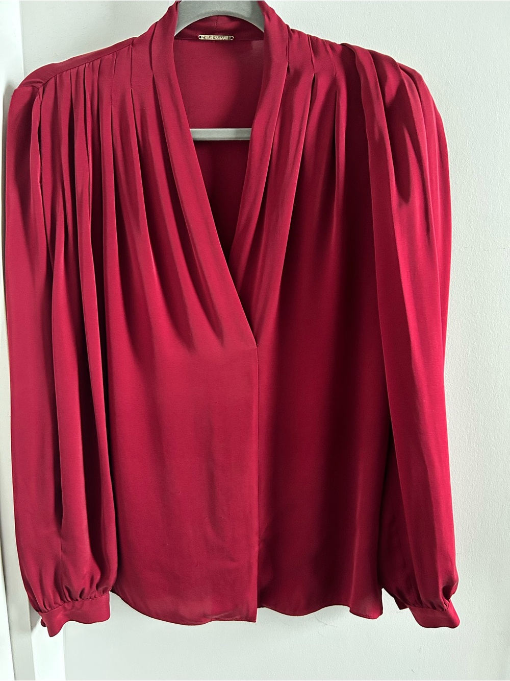 Women's Red Pleated V-Neck Blouse 91% silk